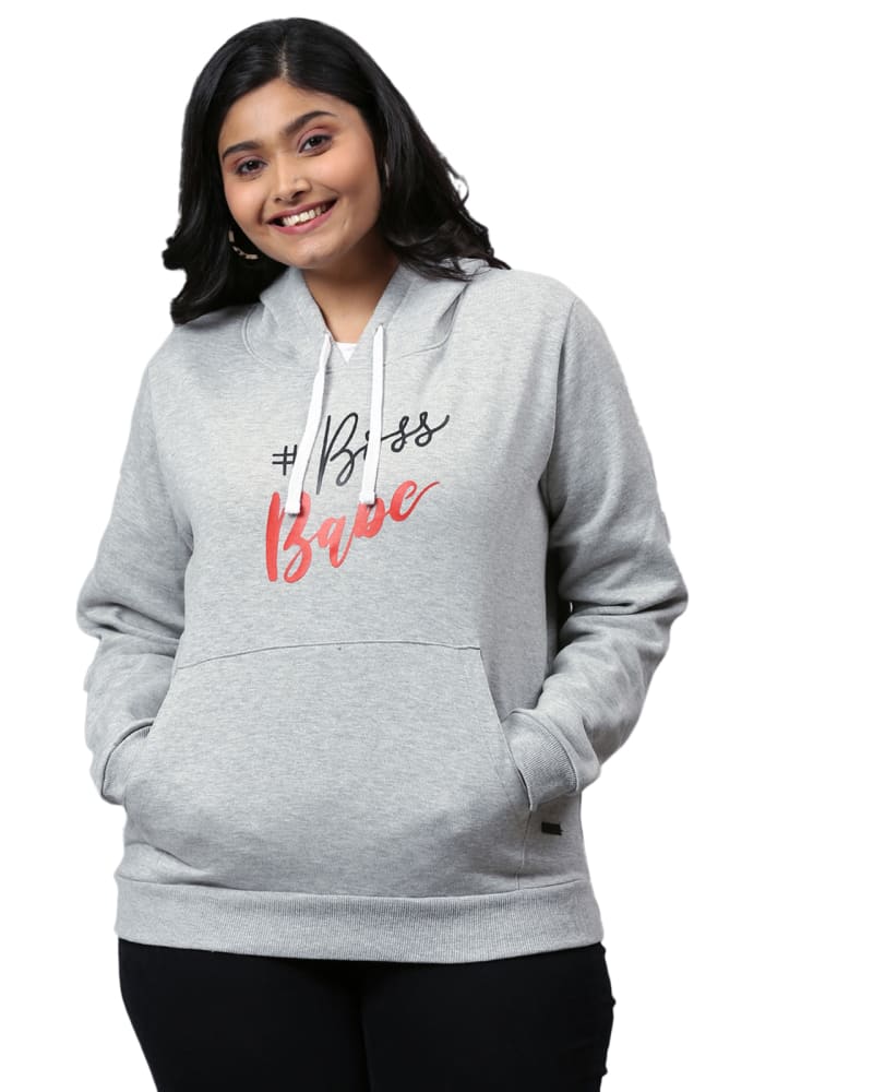 Front of a model wearing a size 3XL Grey "Boss Babe" Text Printed Sweatshirt in Light Grey by Instafab Plus. | dia_product_style_image_id:298321